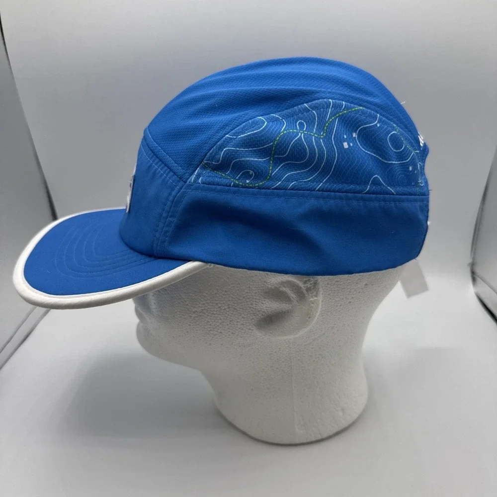 Hoka One One Time to Fly Hat 5 Panel Running Cap Blue Topo Map Trail